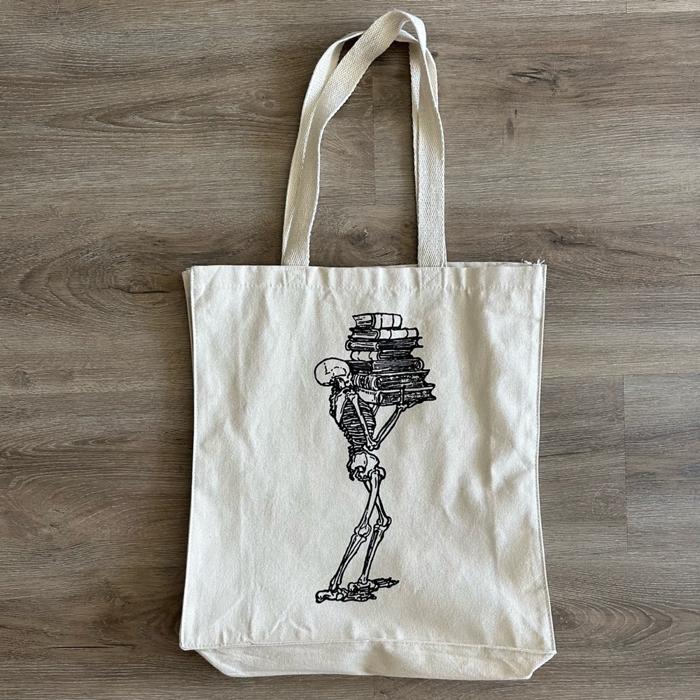 Canvas Skeleton Book Tote Bag Beige Cream Summerween Halloween